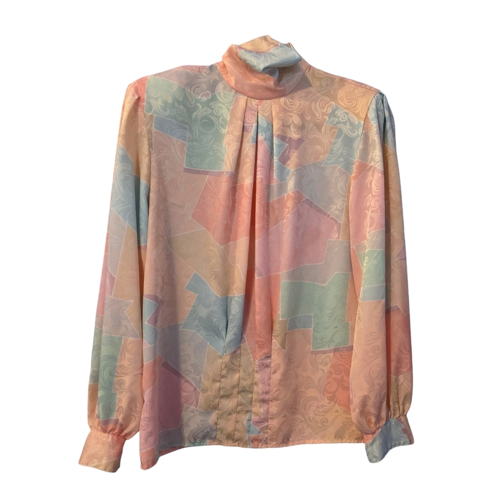 Vintage Womens 80s Top Pastel Jacquard Baroque Michelle Stuart High Neck Flowy